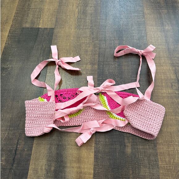 Handmade Crochet Watermelon Bralette Top Pink Tie-Back Size Medium - Picture 3 of 8